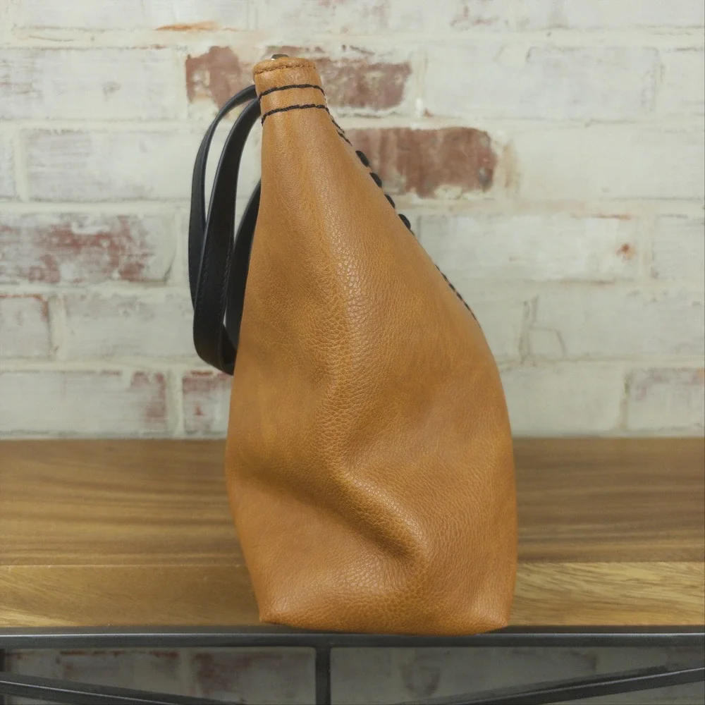 Montana West Tote Bag Camel Whipstitch Western Boho Purse Black Straps Gold Tone